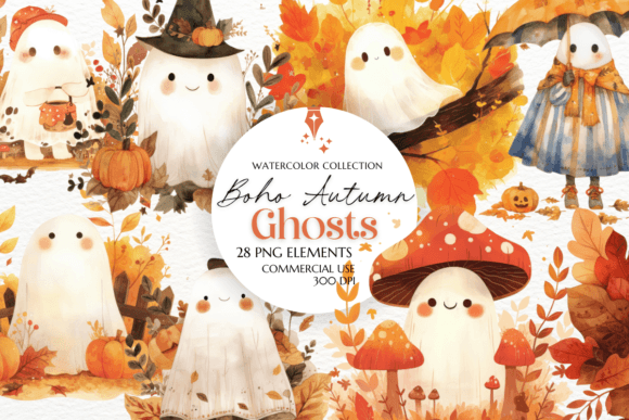 Boho Autumn Ghosts: Stylish Clipart for Fall Projects