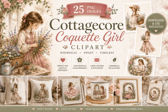 Enchanting Cottagecore Coquette Girl Clipart for Dreamy Projects