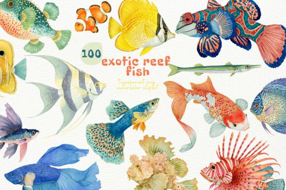 Watercolor Exotic Fish PNG Clipart: Vibrant Marine Design Assets